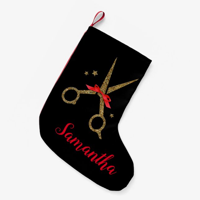 Golden glitter scissors - Hair stylist -  Small Christmas Stocking (Front (Hanging))