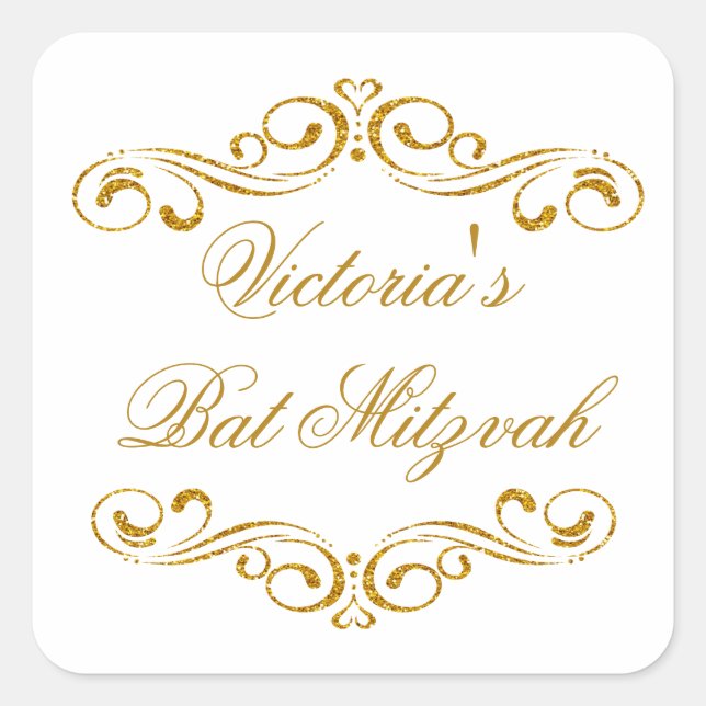 Golden glitter scrolls Bat Mitzvah Logo Square Sticker (Front)