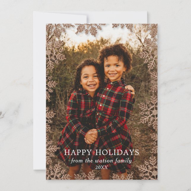 Golden Glitter Snowflake Border Holiday Card (Front)