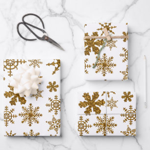 Golden Glitter Snowflakes Christmas Pattern Wrapping Paper Sheets