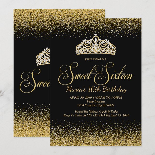 Golden Glitter, Sweet 16 Invitations (Front/Back)