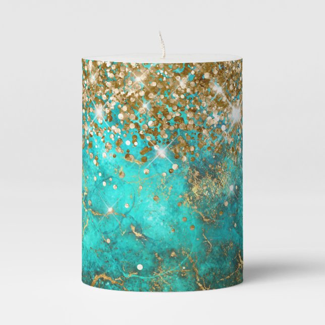 Golden Glitter Turquoise Blue Gemstone Fire Glam Pillar Candle (Front)