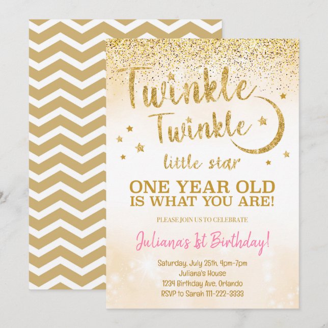 Golden Glitter Twinkle Little Star Invitation (Front/Back)