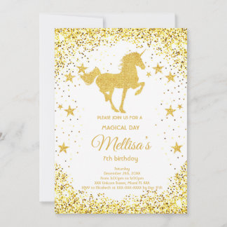 Golden Glitter unicorn birthday invitation