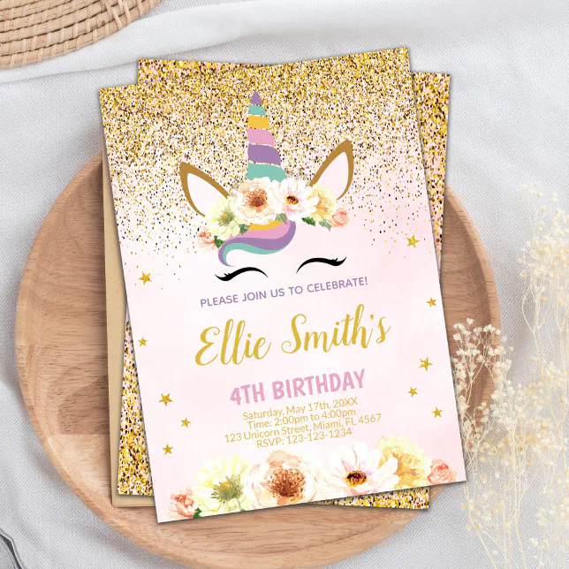 Golden Glitter Unicorn Birthday Invitations Zazzle