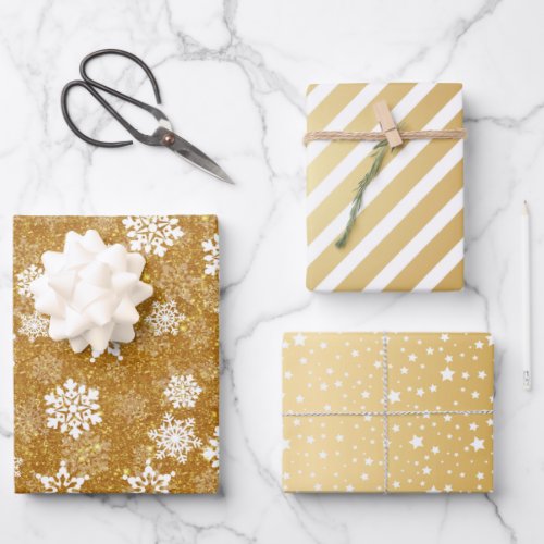 Golden Glitter White Snowflakes Stripes Stars Wrapping Paper Sheets