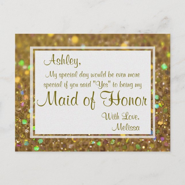 Golden Glitter - Will You Be My Maid of Honor? Invitation Postcard (Front)