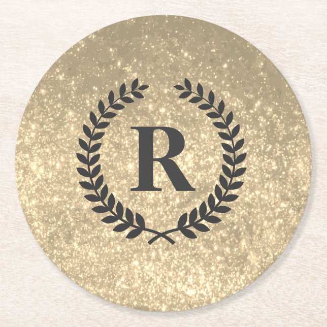 Golden Glitter With Monogram Round Paper Coaster (Front)