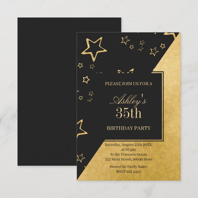 Golden Glittering Stars Birthday Invitation (Front/Back)