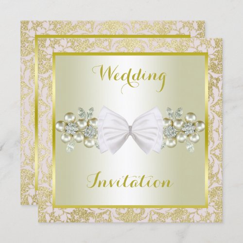 Golden Glitters Diamond Floral Gems  Bow Wedding Invitation