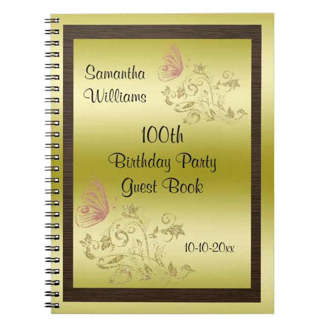 Golden Glitters & Sparkly Butterfly 100th Birthday Notebook (Front)