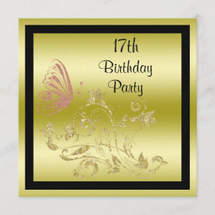 Golden Glitters & Sparkly Butterfly 17th Birthday Invitation