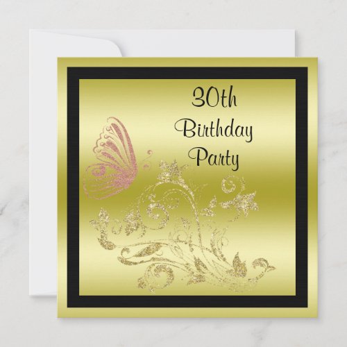 Golden Glitters  Sparkly Butterfly 30th Birthday Invitation