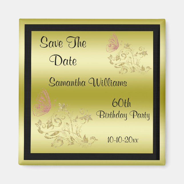 Golden Glitters & Sparkly Butterfly 60th Birthday Magnet (Front)