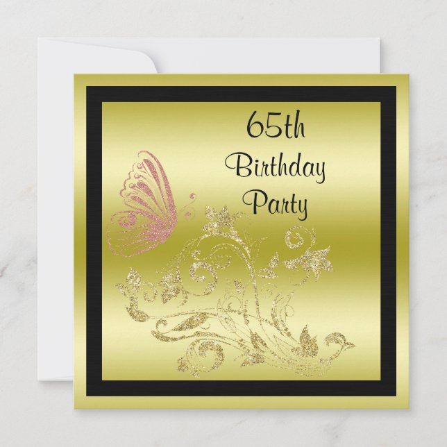Golden Glitters & Sparkly Butterfly 65th Birthday Invitation (Front)