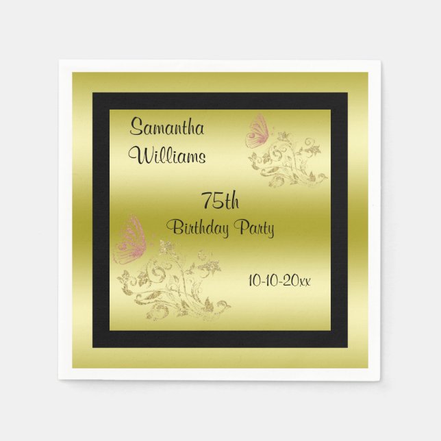 Golden Glitters & Sparkly Butterfly 75th Birthday Napkins (Front)