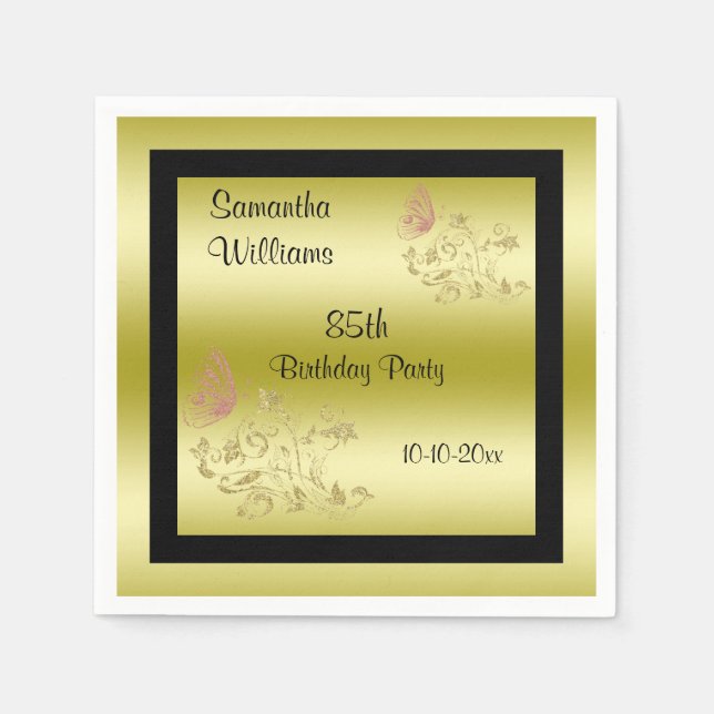 Golden Glitters & Sparkly Butterfly 85th Birthday Napkins (Front)