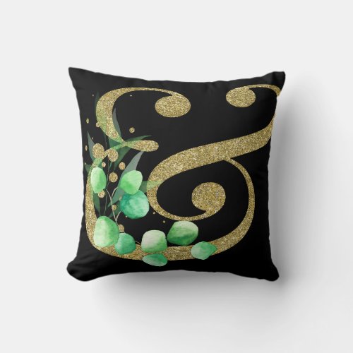 Golden Glittery Ampersand Black Throw Pillow