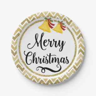 Golden Glittery Bells Festive Merry Christmas Paper Plates