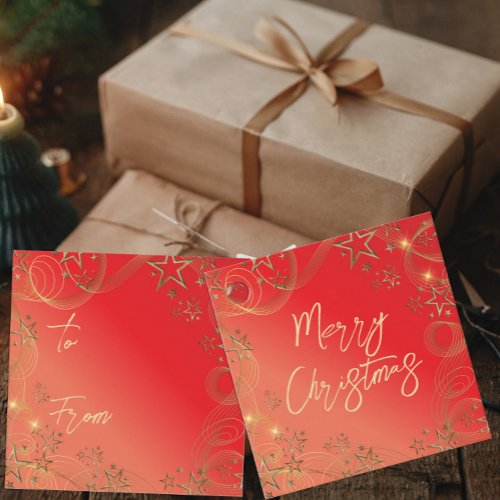 Golden Glittery Stars Sparkles On Red Christmas Favor Tags