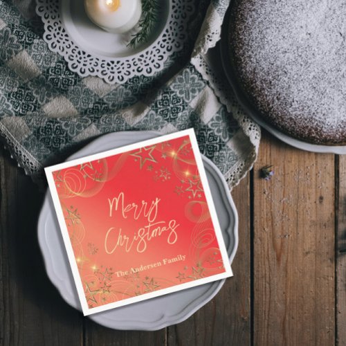 Golden Glittery Stars Sparkles On Red Christmas Napkins