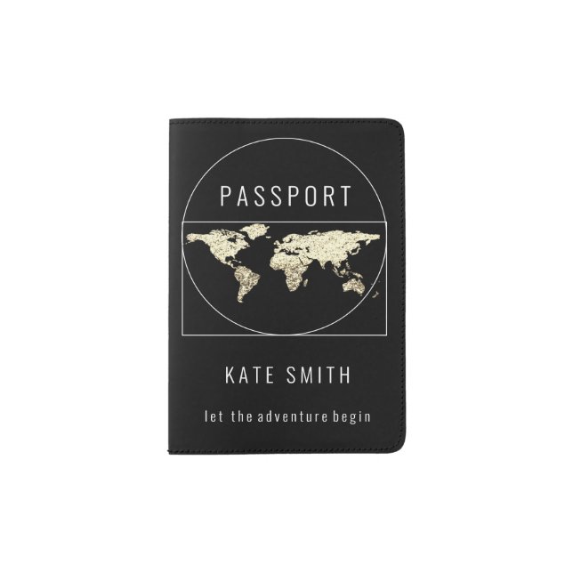  Golden Globe Earth World Map Name Black Passport Holder (Front)