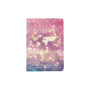 Golden Globe Earth World Map Name Glitter Ombre Passport Holder