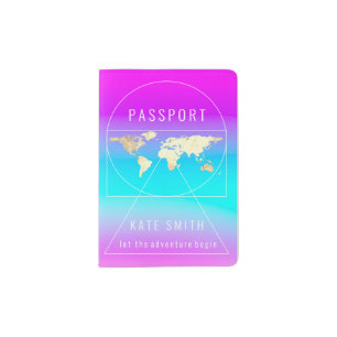 Golden Globe Earth World Map Name Pink Blue Passport Holder
