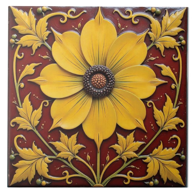 Golden Glory on Crimson Ceramic Tile (Front)