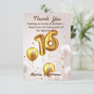 Golden Glow  Sweet 16 Balloons Birthday Thank You Card