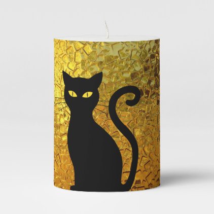 Golden Glow Textured Black Cat Kittens Pillar Candle