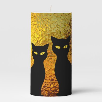 Golden Glow Textured Black Cat Kittens Pillar Candle