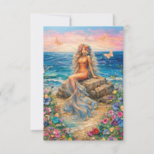 Golden Goddess Floral Mermaid Flat Note Card