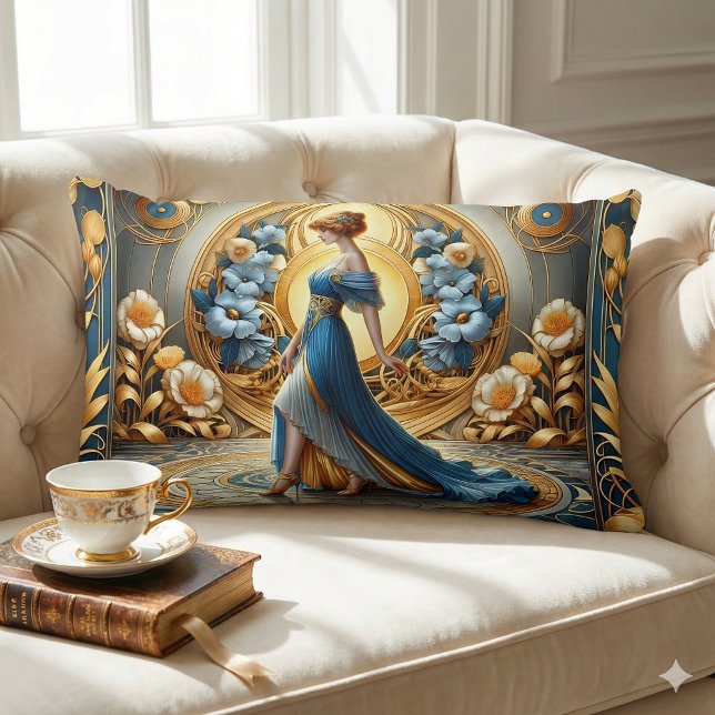 Golden Goddess in Art Nouveau Bloom Lumbar Pillow (Golden Goddess in Art Nouveau Bloom Lumbar Pillow Mockup A)