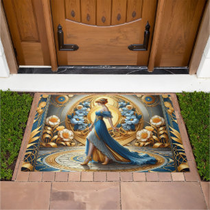 Golden Goddess in Art Nouveau Bloom Metal Art Doormat