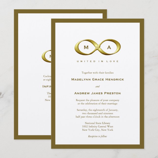 Golden Gold Infinity Hand Clasp Monogram Wedding Invitation (Front/Back)