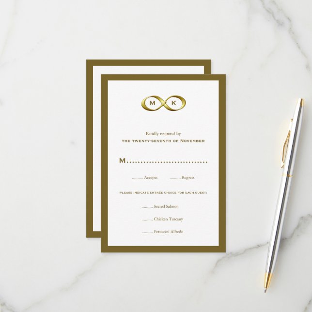 Golden Gold Infinity Hand Clasp Monogram Wedding RSVP Card (Front/Back In Situ)