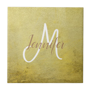 Golden Gold Simple Metallic glam Name Monogram Ceramic Tile