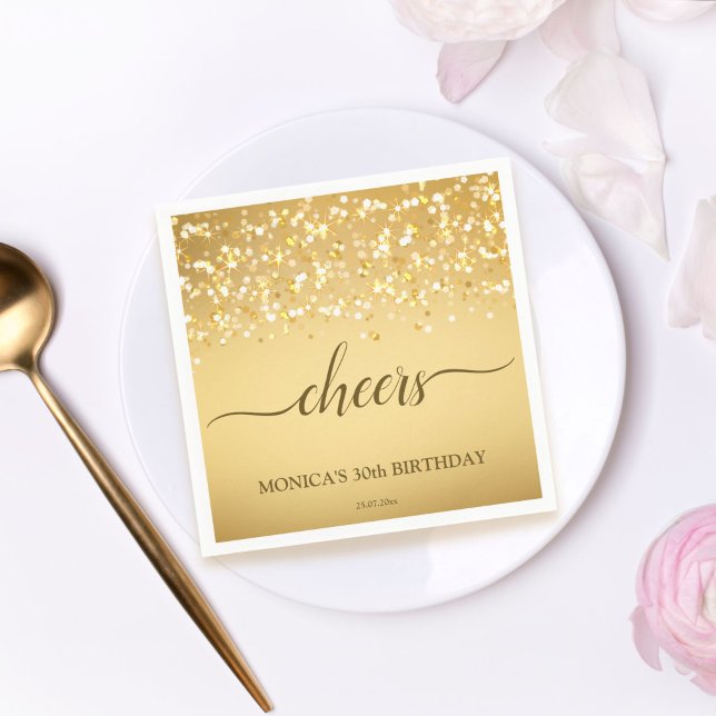 Golden gold sparkles personalized birthday party napkins (Creator Uploaded)