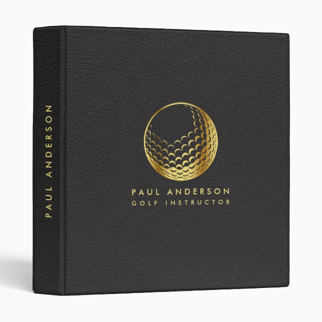 Golden Golf Ball Logo Elegant Golfer Monogram 3 Ring Binder (Front/Spine)