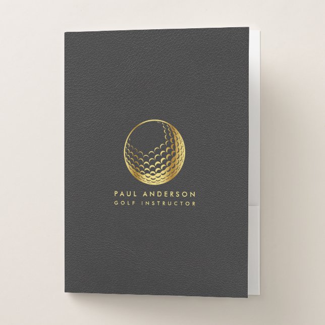 Golden Golf Ball Logo Elegant Golfer Monogram Pocket Folder (Front)