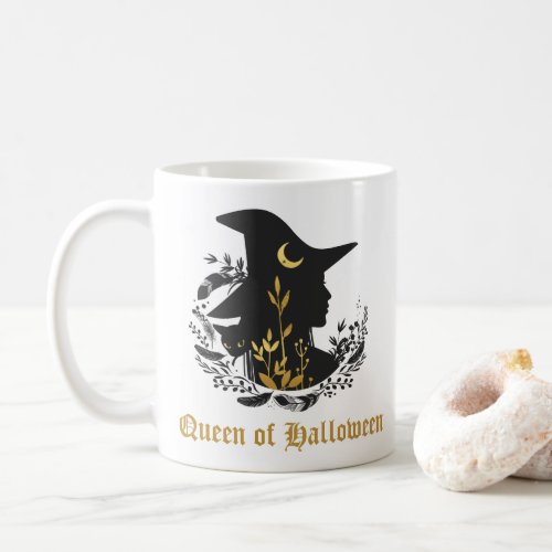 Golden Gothic Queen of Halloween Witch Cat Mug