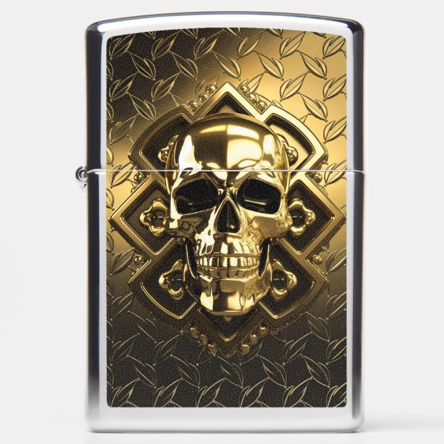 Golden Gothic Skull with Ornamental Frame Zippo Lighter (Front)