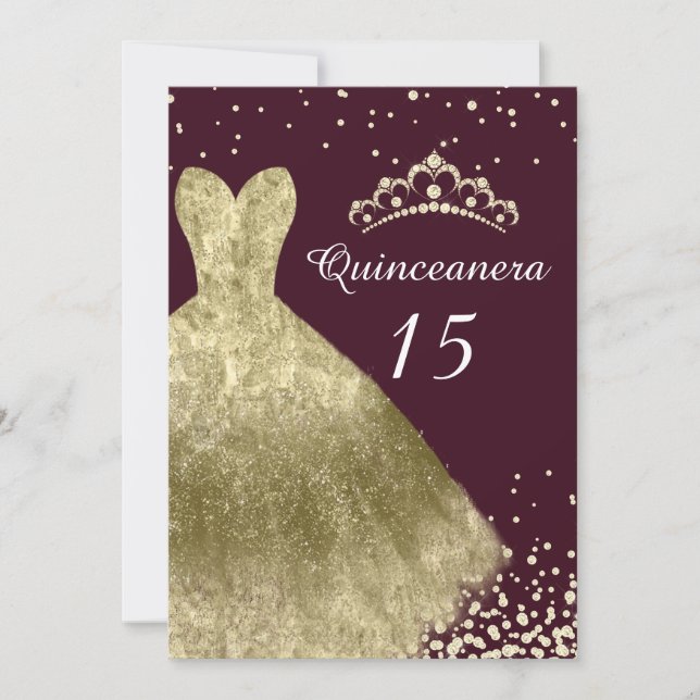 Golden Gown Burgundy Back Quinceanera Party 15th Invitation (Front)