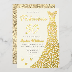 Golden Gown, Fabulous 50th Birthday Dress Gold Foil Invitation