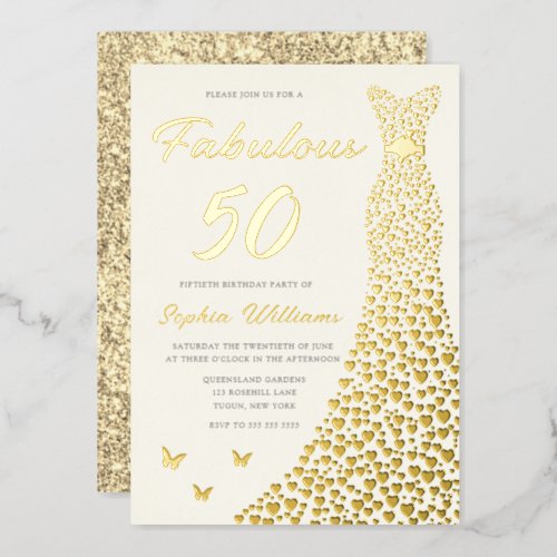 Golden Gown Fabulous 50th Birthday Dress Gold Foil Invitation