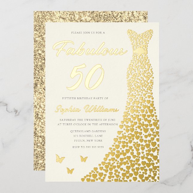 Golden Gown, Fabulous 50th Birthday Dress Gold Foil Invitation (Front/Back)