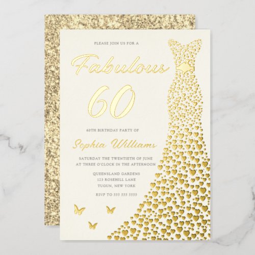 Golden Gown Fabulous 60th Birthday Dress Gold Foil Invitation