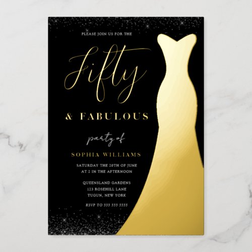 Golden Gown Fifty  Fabulous 50th Birthday Gold Foil Invitation