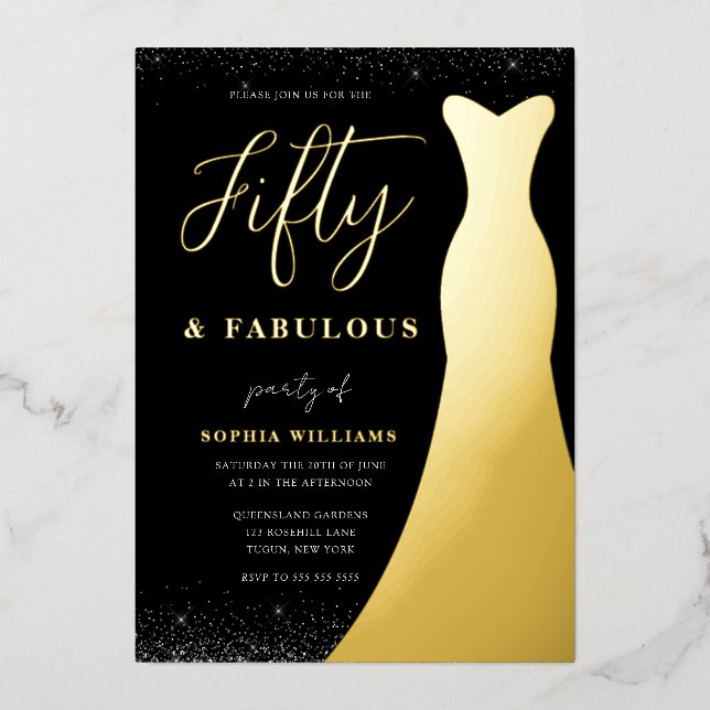 Golden Gown Fifty & Fabulous 50th Birthday Gold Foil Invitation (Front)
